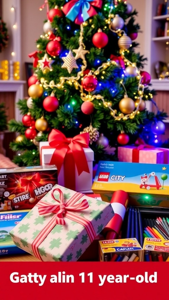 A festive Christmas scene with gifts for an 11-year-old, including LEGO, board games, and art supplies around a decorated tree.